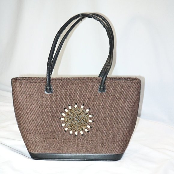 Vintage Handbags - WOVEN BEADED BROWN SATCHEL PURSE Os